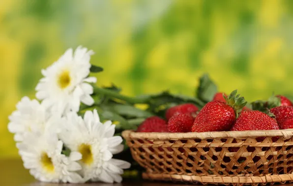 Flowers, table, strawberry, basket