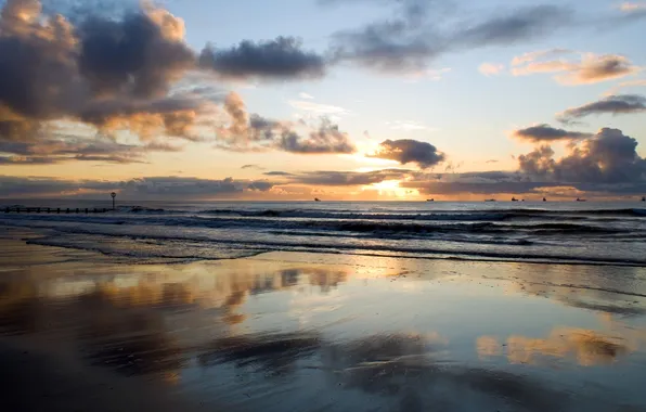 Sand, sea, wave, the sky, clouds, landscape, sunset, background