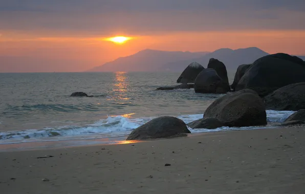 Sea, the sun, sunset, shore, the evening, boulders