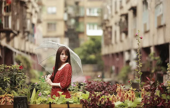 Sadness, girl, face, umbrella, rain, dress