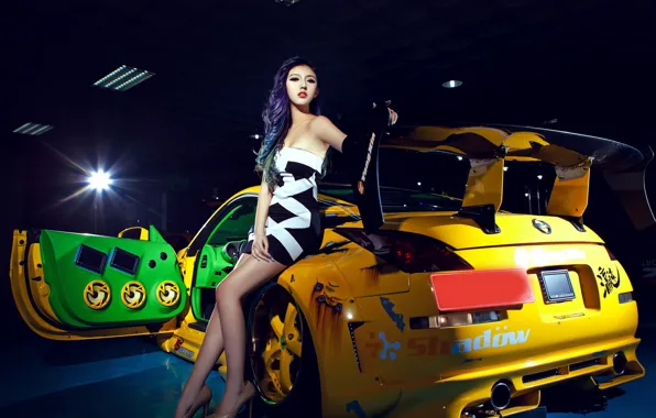 Look, Girls, Nissan, Asian, beautiful girl, yellow car, posing on the car