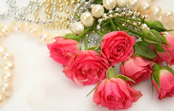 Picture flowers, roses, bouquet, necklace, pearl, flowers, bouquet, roses