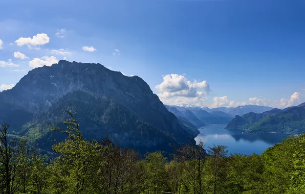 Clouds, mountains, lake, Austria