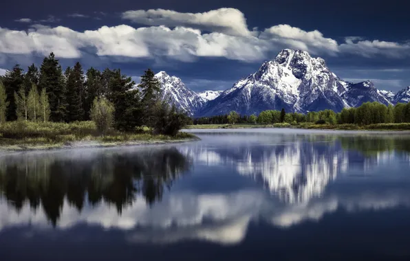Picture clouds, trees, mountains, river