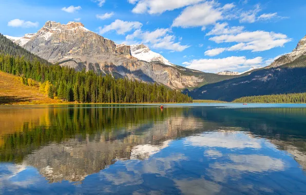 Forest, the sky, clouds, mountains, lake, reflection, blue, shore