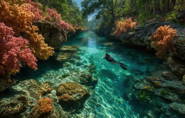Light, landscape, river, stones, people, diver, the bottom, the bushes