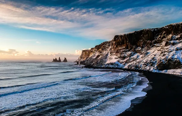 Sea, the sky, the sun, clouds, snow, rocks, dawn, coast