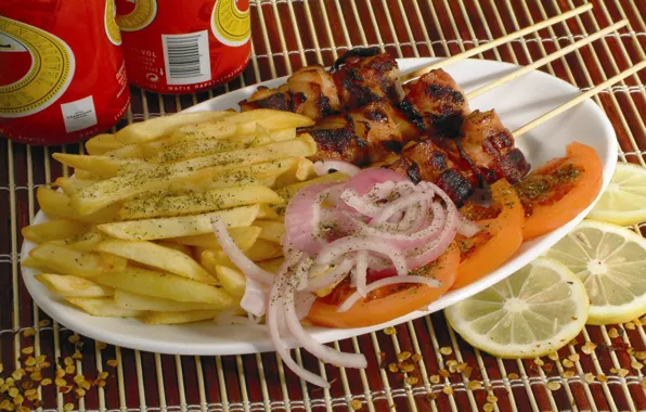 Picture lemon, bow, meat, kebab, French fries