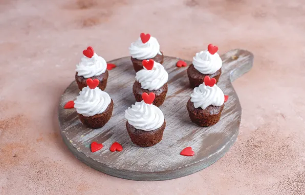 Hearts, dessert, cupcakes