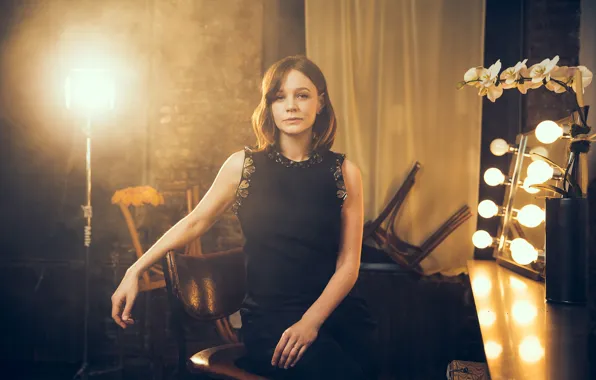 Light, lamp, makeup, dress, actress, mirror, hairstyle, brown hair