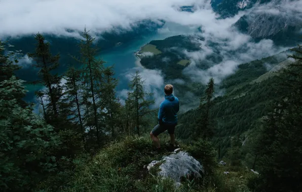 Forest, grass, clouds, mountains, shore, male, pond