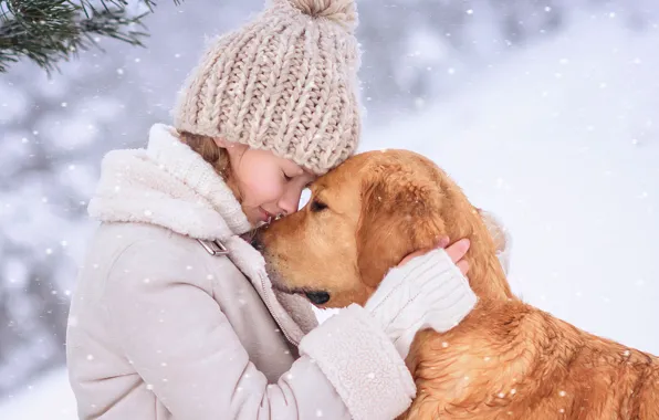 Picture winter, snow, dog, girl, friends, dog, teen, Victoria Dubrovskaya