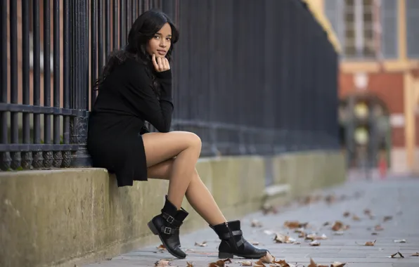 Girl, the fence, brunette, legs, bokeh