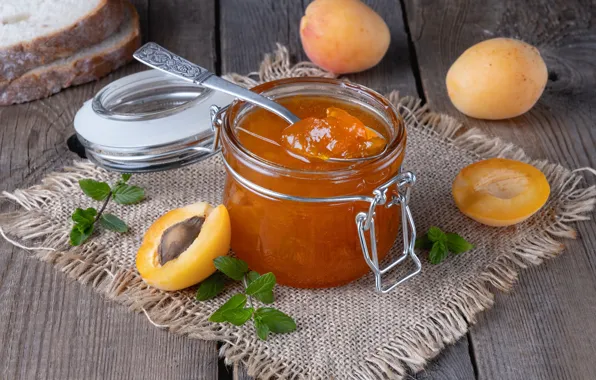 Table, Board, spoon, Bank, burlap, jam, jam, apricots