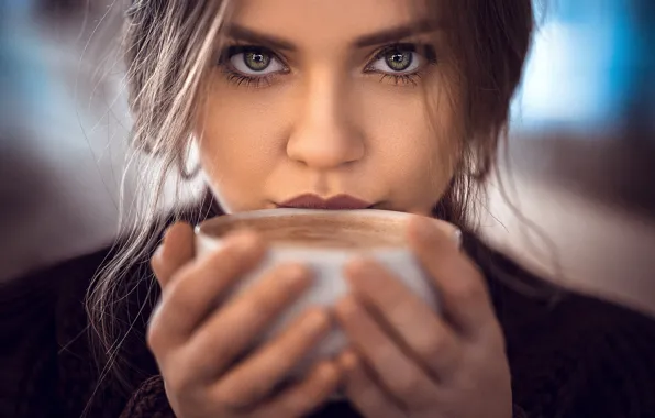Picture eyes, look, face, mood, coffee, portrait, hands, mug