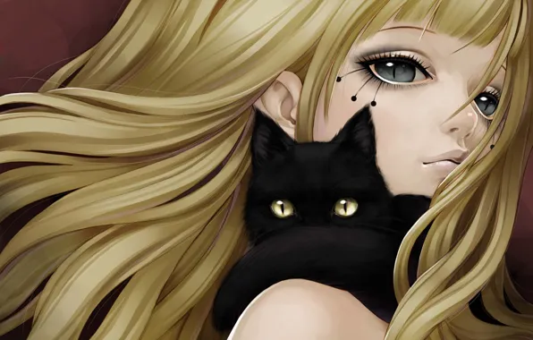 Cat, cat, girl, hair, art, black, shoulder, pupils