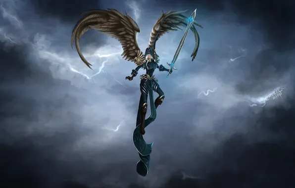 Girl, clouds, wings, sword, art, in the sky, armor, League of Legends