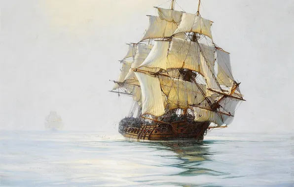 Sea, ship, sailboat, calm, frigate, Montague Dawson