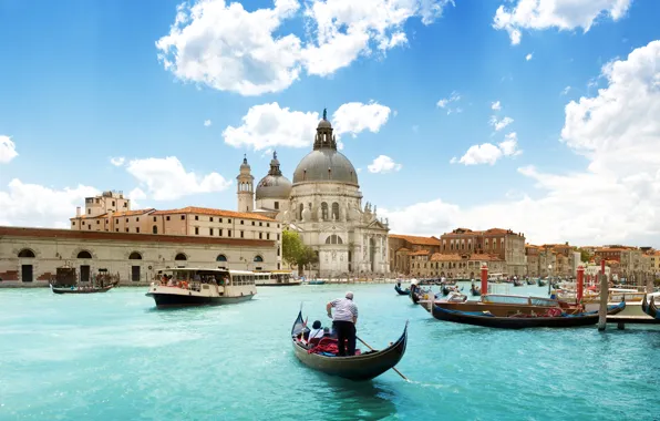Sea, the sky, clouds, the city, people, boats, Italy, Venice