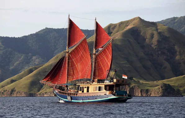 Picture sea, mountains, shore, ship, sail