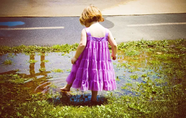 Child, dress, puddle, girl