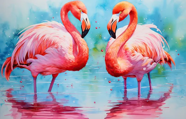 Water, birds, reflection, pair, painting, Flamingo, pond, blue background