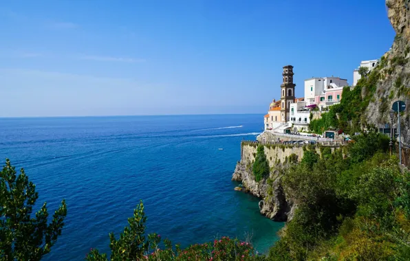 Sea, tower, Italy, Amalfi, Atrani