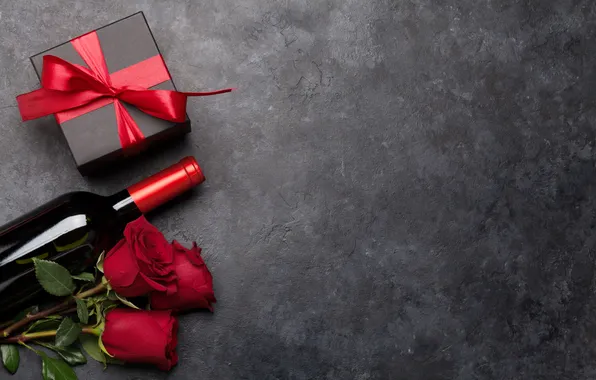 Love, flowers, gift, wine, romance, bottle, roses, petals