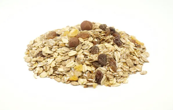Picture white background, hazelnuts, raisins, muesli