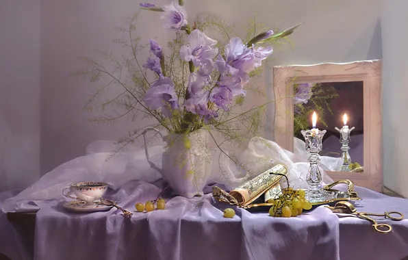 Flowers, notes, photo, still life, gladiolus, porcelain