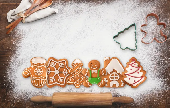 Table, cookies, Christmas, New year, Christmas decorations, flour, rolling pin