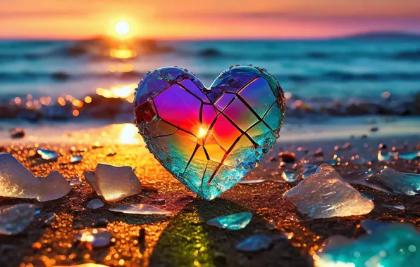 Sea, beach, glass, landscape, heart, stones