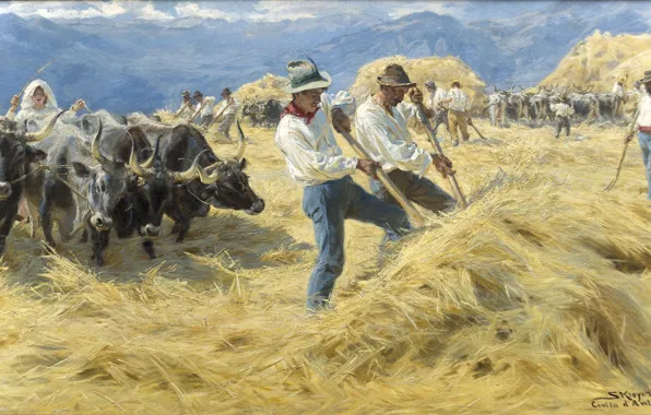 Picture painting, hay, harvest, i A bruzzerne, Threshing, stack, Severin Kroyer