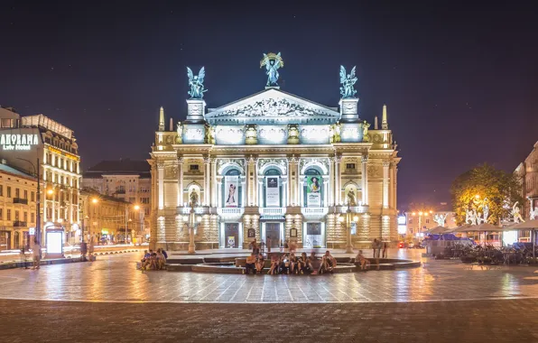 The evening, lights, fountain, Ukraine, street, Lions, Lviv theatre of Opera and ballet
