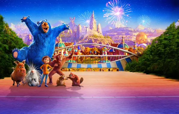 Park, animals, cartoon, salute, fantasy, fireworks, poster, characters