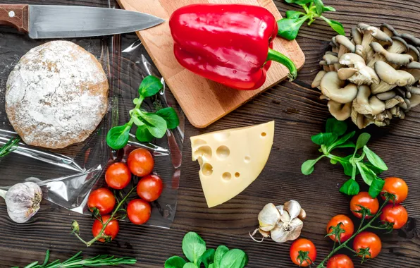 Picture mushrooms, cheese, pepper, tomato, cuts