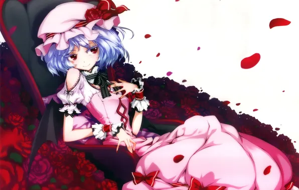 Picture look, girl, smile, roses, chair, gesture, touhou, remilia scarlet