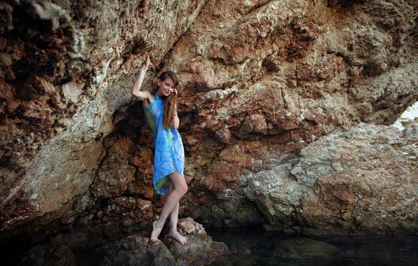 Picture sea, girl, smile, rocks, brown hair, long-haired