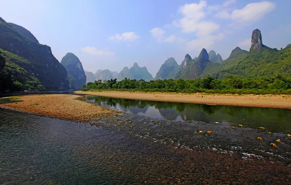 Mountains, river, shore, Nature