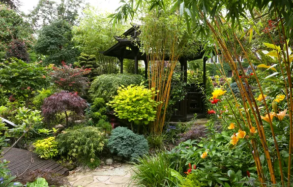 Greens, flowers, garden, gazebo, the bushes