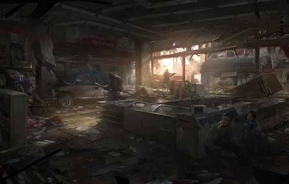 Picture the city, Apocalypse, the bandits, Ellie, shop, epidemic, The Last of Us, Joel