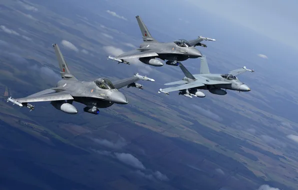 Picture flight, landscape, fighters, F-16, Fighting Falcon, Hornet, CF-18