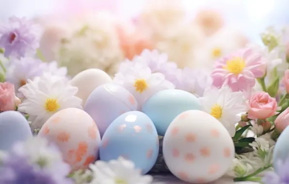 Flowers, holiday, eggs, spring, blue, Easter, pink, bokeh