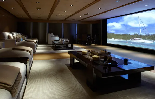 Movie, interior, pillow, backlight, tables, theatre, sofas, screen