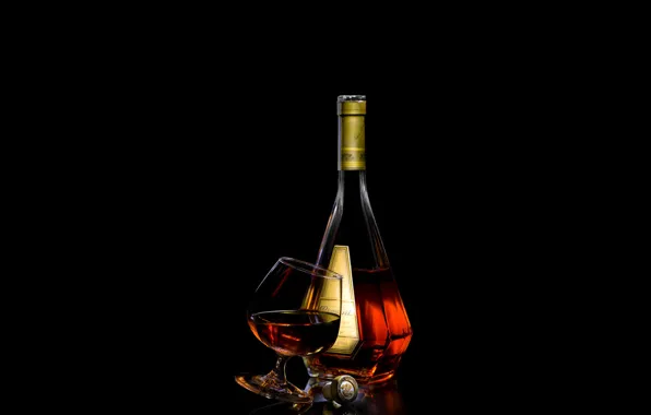 Glass, bottle, tube, black background, cognac