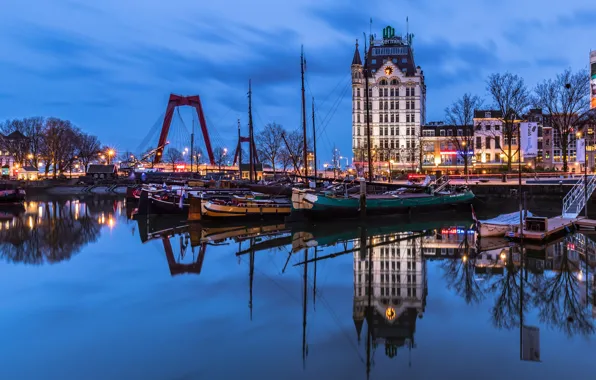 The sky, water, trees, lights, reflection, river, home, yachts