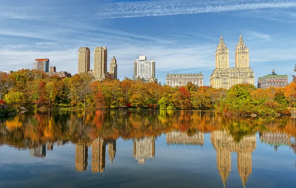 Picture autumn, the sky, water, trees, home, New York, USA, Central Park