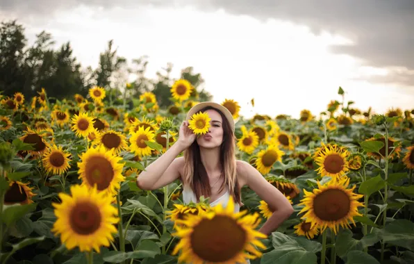 Girl, clouds, pose, hat, Sunflowers, Anna Kovaleva