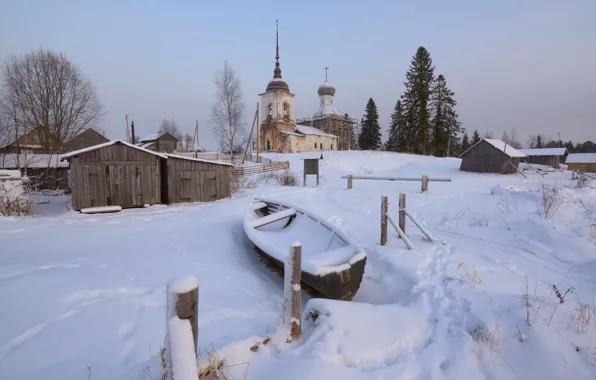 Cold, winter, the sky, snow, shore, posts, boat, ate