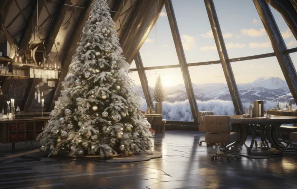 Decoration, room, balls, tree, interior, New Year, window, Christmas